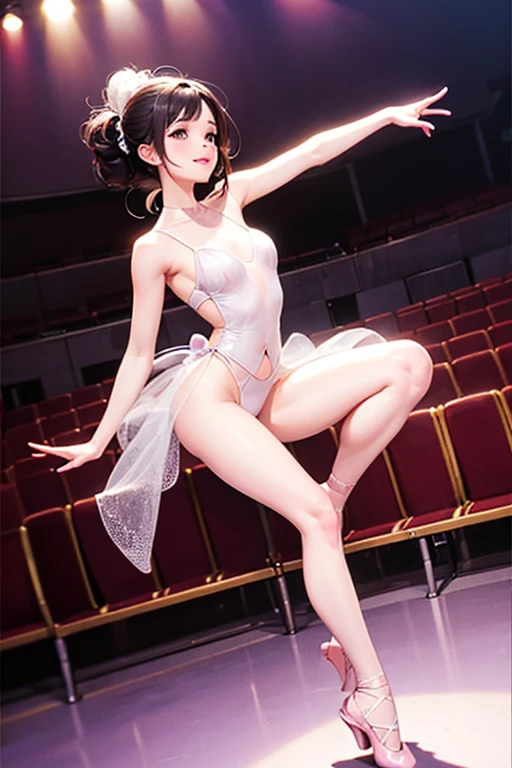 ((masterpiece,best quality)), highres, extremely detailed 8K wallpaper, depth_of_field, best shadow, (Colorful),(Delicate eyes and face), nice hand, Perfect hands, (Perfect lighting), Ray tracing, BREAK
dancing, (1girl in), mogami \(kancolle\), black hair, short hair, black eyes / green eyes, swept bangs, small breasts, slender, skinny, smile, (full-face blush), open mouth, BREAK,
(ballerina, ballet:1.2), (tutu:1.3), (dark leotard:1.2), (transparent dark dress:1.3), (black pantyhose:1.2), bare shoulders, tiara, cameltoe, point shoes, ballet slippers, sexy, BREAK,
(cowboy shot and knee:1.5), stomach focus, ((dancing saloon)), night time, (dark backgrounds:1.3),