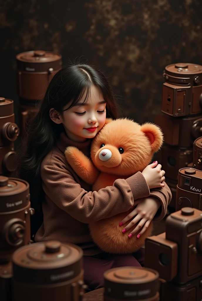 Uma imagem aconchegante de uma menina de 18 anos, with a lovely appearance, vestindo um pijama de estampa de flocos de neve. She's sitting in front of a fireplace, hugging a teddy bear with a knitting scarf. The environment is decorated with Christmas decorations and soft lights, conveying a sense of warmth and comfort.