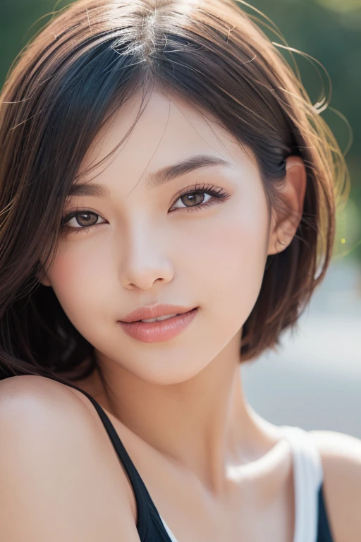 (Ultra - High Resolution:1.5)(Ultra-detailed:1.3) (super high quality) (Ultra HD:1.5) (Realistic photos:1.3) Japanese women　21 years old　((Fine and beautiful face:1.3)) ((Realistic skin textures:1.3)) ((Precise, high-quality eyes:1.3)) ((Detailed and high-quality ears)) ((beautiful, My skin is very fair and transparent.:1.3)) ((beautifully groomed straight short bob hair))Complete body　Beautiful proportions　(bikini)　　Background is a beach at dusk.　beautiful, 　((stare at the viewer erotically:1.3)) wet half-open lips　 Giant tit　Very beautiful HD picture quality