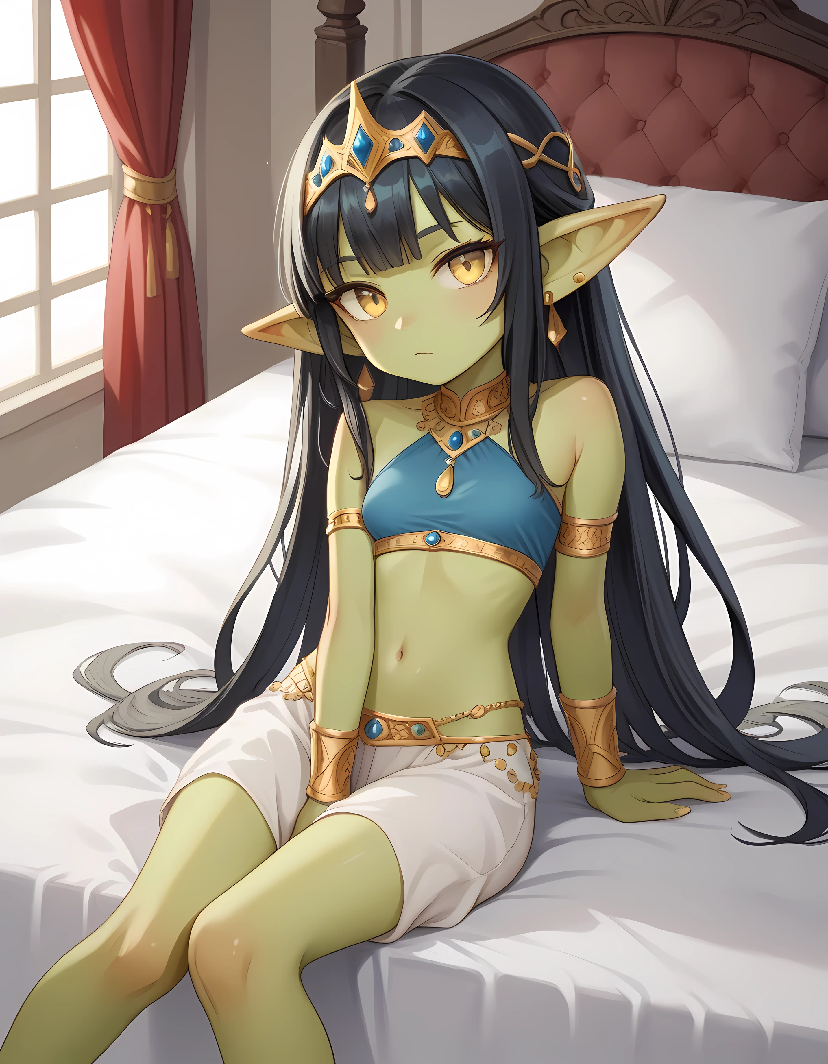 score_9, score_8_up, score_7_up, score_6_up, masterpiece, green skin, EPopmFubuki, 1 girl, long hair, small breasts, goblin girl, MILF goblin girl, 30s, short stack, thin thighs, black hair, , princess, She wears a blue crop top, long blue harem pants, and gold accessories including earrings and a tiara. This outfit is a stylized representation of Middle Eastern fashion, bed, legs together, feet on bed, yellow eyes, sitting, palace,