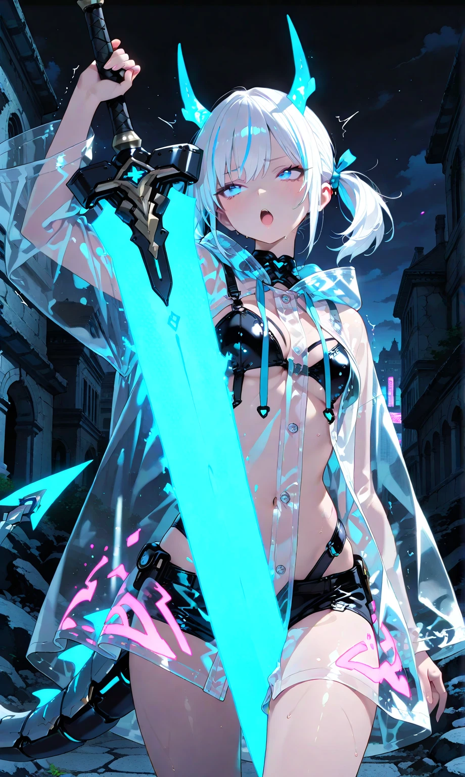 Gril, loli,white hair, blue eyes,Holding a knife, red liquid and red blood, living room background.HD lighting and dark )(epic image quality) dark atmosphere with bright particle light(many effects in background)