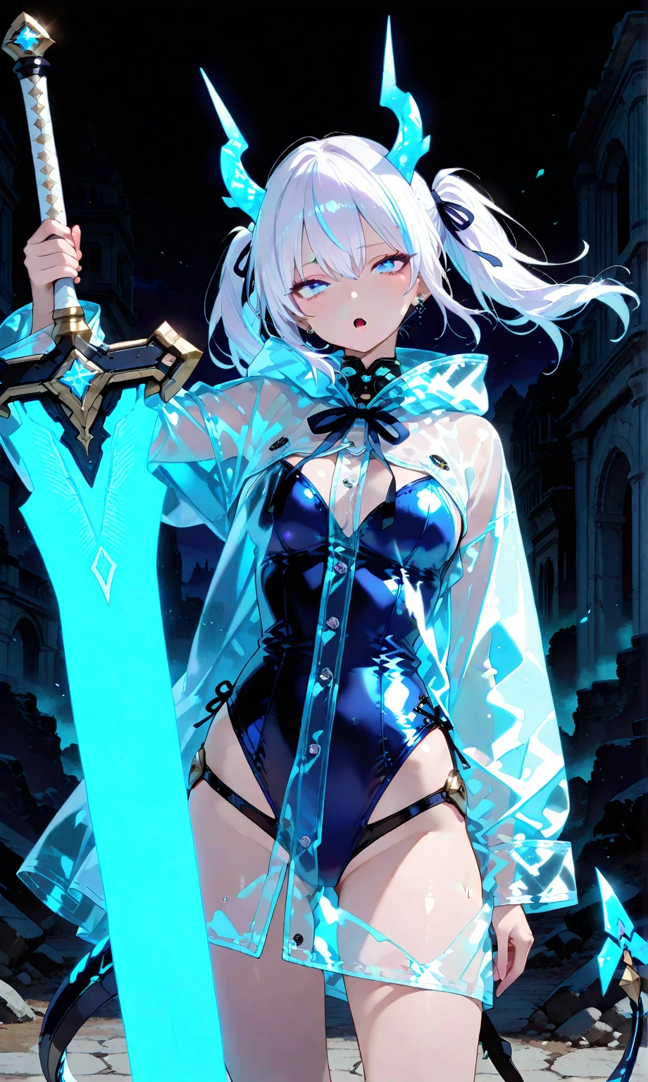 illustration, cinematic light, highres, highest quallity, ultra detailed, detailed face, (detailed eyes), best quality, hyper detailed, masterpiece, (detailed face), clean face, sexy mature woman wears transparent (torn) cloths, floating cloth, see through, choker, open cloths, nsfw, high heels, blue eyes, neon tiny glowing hair ends, dark fantasy forest, glowing plants with neon details, dark magic, (portal:1.15) to the underworld in the background, light reflection, heart shaped iris, playful eyes, open shoulder, rain, (wet body), tiny glowing butterfly, hair jewery