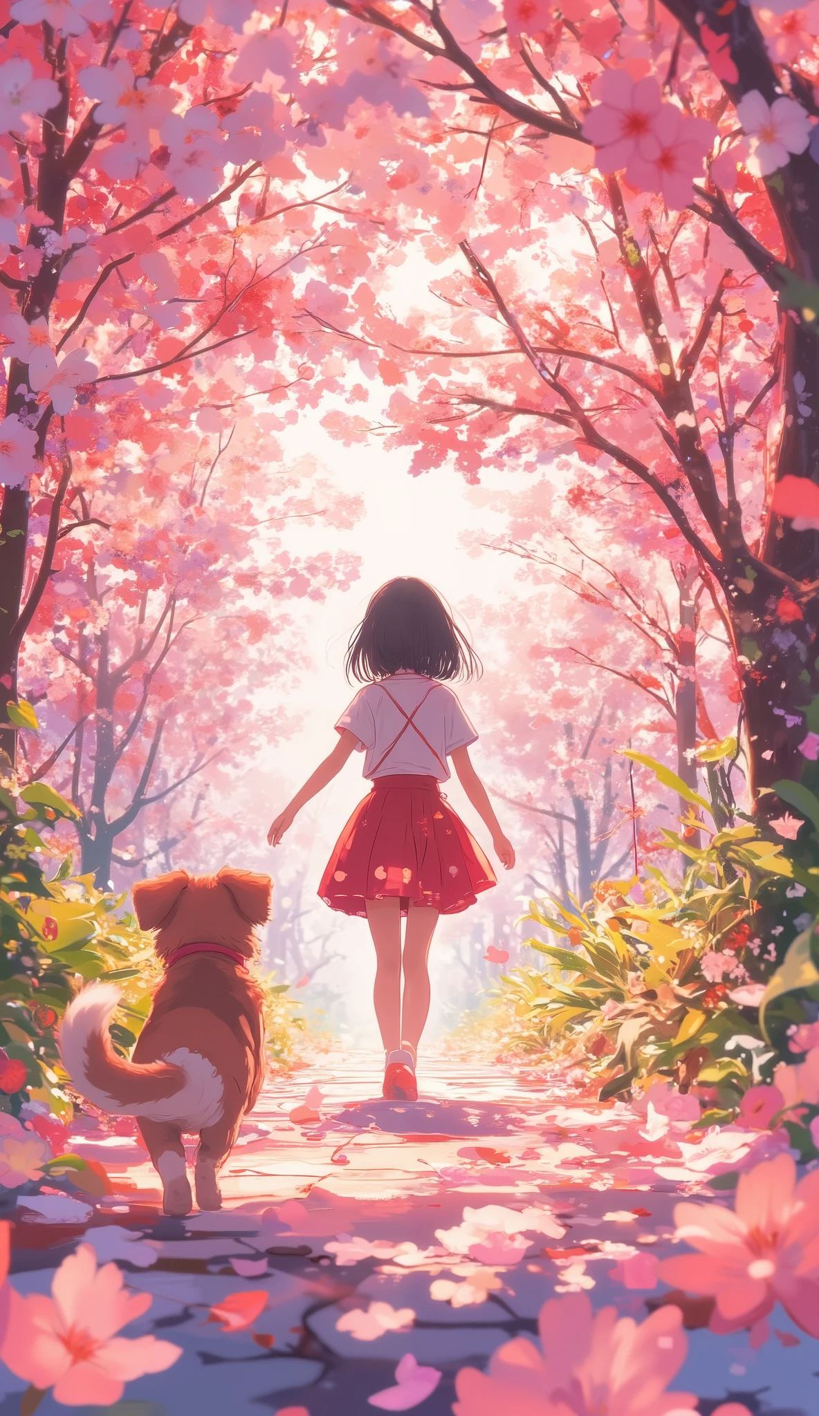 Anime-style illustration of a dog walking through a cherry blossom tunnel,An anime-style illustration of a girl running through a cherry blossom tunnel {x} A warm pink glow through the path drops,A gentle breeze blows and countless cherry blossom blizzards dance fantastically,shot from behind,High angle,background is slightly blurred,Cinematic and nostalgic,captures a moment of spring full of energy