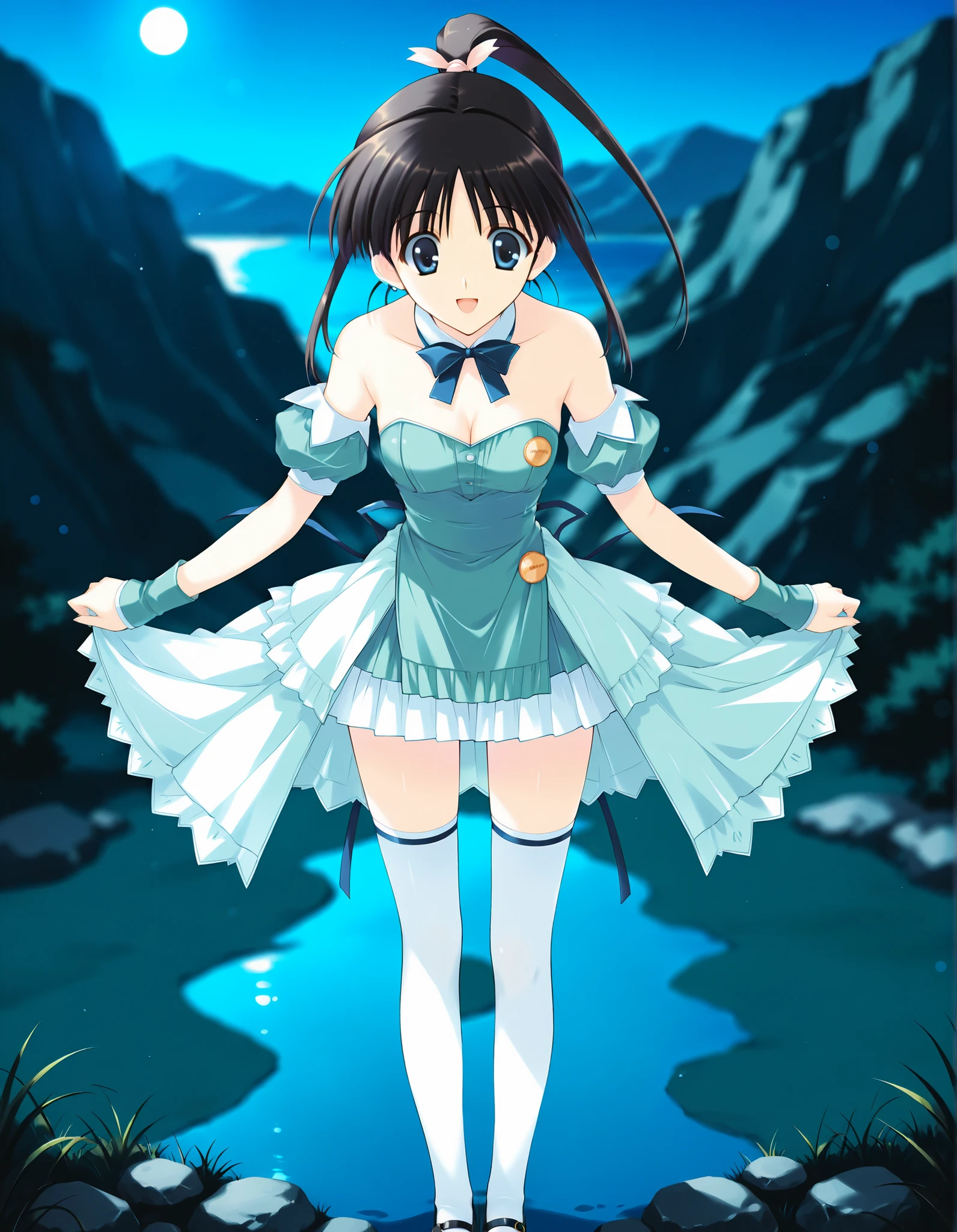 masterpiece,best quality,good quality, anime coloring,((sugiura_koharu)),sugiura_koharu\(white_album_2\),1girl,solo,black hair,ponytail,hair ribbon,blue eyes,open mouth,1girl,anime coloring,2000s (style), floral_mint\(pia_carrot_e_youkoso!!_3\),waitress costume,detached collar,bowtie, green dress,cleavage,sleeveless dress,strapless_dress, bare shoulders,detached sleeves,puffy_sleeves,sleeves past wrists, layered_dress,long_dress,center frillyl,long_skirt with miniskirt,green pleated miniskirt,white long skirt,waist medal,west back ribbon, white thighhighs, mary janes,NSFW,breathing,full body,(Watery eye), (Beautiful valley),(Close-up of a girl:0.7), (in mountain),(seaside:1.3),High solution,. her hair is floating in the air, Reflecting agile movements, Contrasting colors enhance the lively atmosphere of the scene, The speed effect of moving lines adds an anime touch to the action.Injecting energy unique to anime, (((add energy to the scene. Motion Effect))), (Like a subtle blur),smile, night, backlighting, bokeh,full body,((blurred background)),,open mouth,standing,