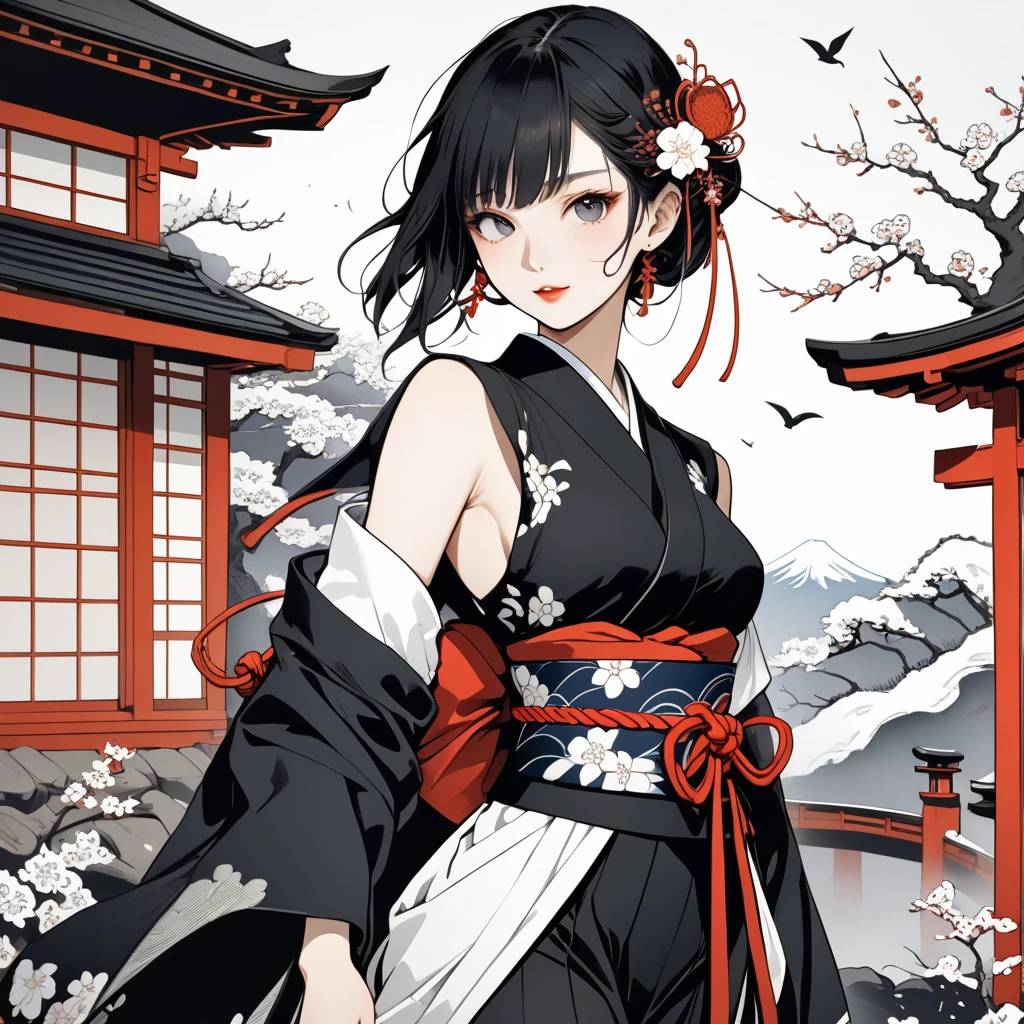 Umalinda warrior sexy, pretty face, Delicious Company, Alluring figure, Wearing a sexy open kimono. The artwork is created in a medium reminiscent of Japanese ink paintings....., 具有大胆的笔触和Monochromatic color palette. artist'Masterful technique reveals the intensity and power of the image'sense of presence,with the highest quality, Perfectly capture every detail with ultra-high resolution. Textures and intricate patterns on kimonos are rendered with extreme precision. Lighting is carefully designed,Enhance drama, Features deep shadows and subtle highlights. General, The artwork exudes elegance and power, Combining traditional Japanese aesthetics with a modern feel. Monochromatic color palette, Combine details, Create captivating and immersive experiences for your audience.