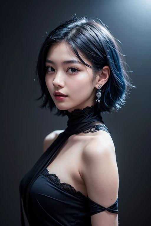 8K, Top Quality, Intricate Details, Ultra Detail, Ultra High Resolution, Masterpiece, ass shot, close up shot, shot from behind, (Looking back), standing, Slender, Smile, (Makeup: 0.4), (Fluffy Blue Eyes: 1.21), blue Eyes, ((full body)), 1girl, solo, 1 girl, (( full body)), close up shot, , ((tall)), (((fit body))), (((slim face))), sharp face, sharp eyes, (( dark blue hair, short hair, bangs )), (detailed face), sharp face, small lips,
((naked)), detailed face, detailed breast, , large breast, detail ass, large ass , Bust Botox, Big, Perfect Body, detail leg, (( dark background)), black background,