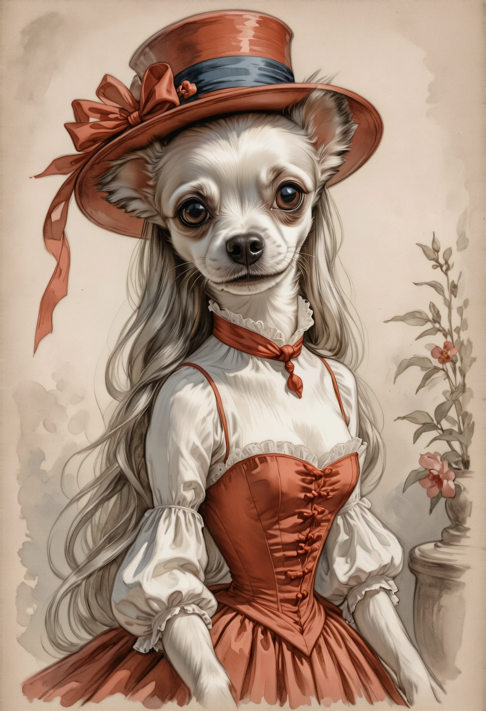2-D art, cartoon style, old-school Disney, hand drawing, (best quality, masterpiece:1.2), side view, anthropomorphic, femailr a Chinese Crested Dog with long hair, wearing long red elegance dress and women's hat with a veil, actress, 1890s style background, noire, simple lines, looking to camera, serteuse look, big expressive eyes, (natural textile texture, soft light, sharp:1.2), (intricate details:1.1), bokeh