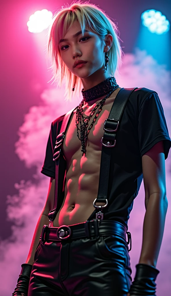 A detailed realistic full-body photo of a young beautiful twink 18-year-old boy cyberpunk shadow hunter with a realistic preternaturally cute boyish face. Wearing a cyberpunk jockstrap. Lean. Skinny. Short blonde hair. Sidecut. Tattooed. In a cyberpunk strip club. ((Barechested. Chest uncovered))