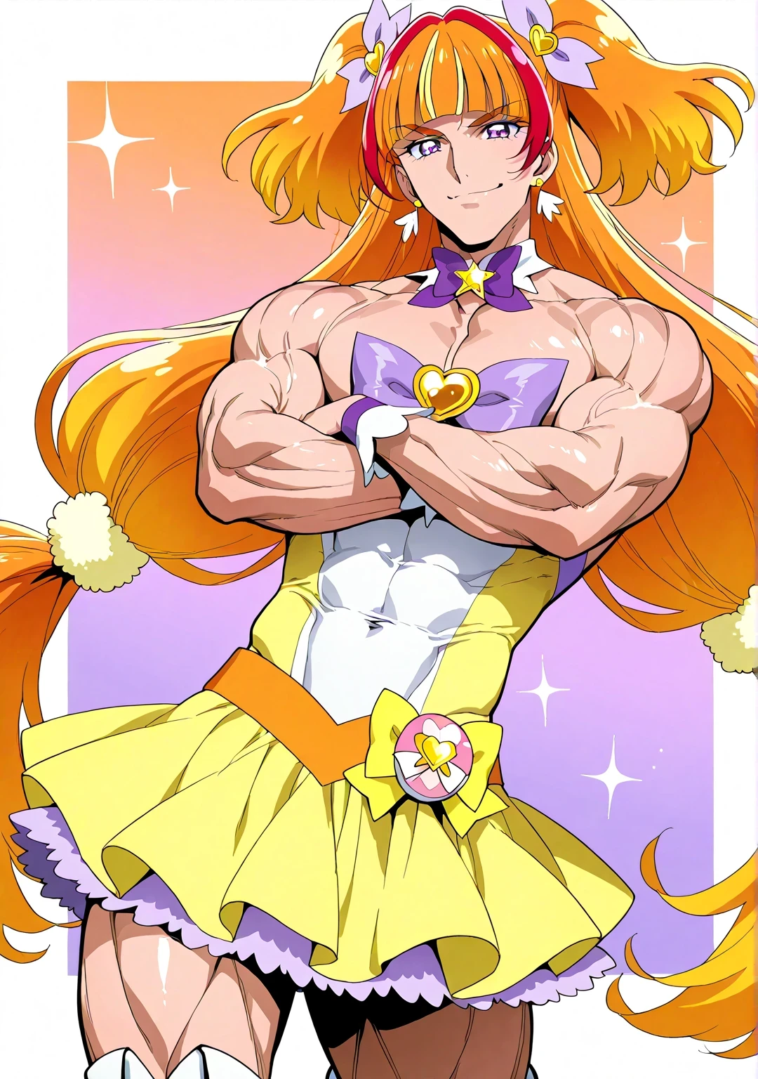 score 9 、score 8 up、score 7 up、masterpiece、best quality、high resolution、anime coloring、1boy 、cure twinkle、(male:1.55)、 Cartoon Images of Men Wearing Dresses 、boy with orange brown twin tail hair、official art、alone、long hair、 orange hair 、low tied long hair、multicolored hair、 Hair、two tone hair、streaked hair、blunt bangs、high short twintail hair、low two side up hair、Jewelry brooch 、 V line around waist 、Muscular and strong、white boots、strapless dress、sexy、thigh boots、Strong muscles、yellow miniskirt、purple bow、yellow bow、Sparkling Magical Boy、a sexy atmosphere、purple mini skirt、layered skirt、Anime picture of a Blonde man in an ultra mega super hyper sexy 、purple mini skirt under yellow mini skirt、 Masculine and Disguised 、 Official Artwork 、Anime Prince、 purple eyes、 headquarters artwork 、 muscular man、wrist cuffs、purple bow tie、Orange belt、collarbone、covered midriff、covered abs、covered navel、 covered stomach、upper pectoralismajor、pectoralis major、biceps、biceps long head、biceps short head、triceps、triceps medial head、triceps lateral head、triceps long head、deltoids、anterior deltoids、middle deltoids、posterior deltoids、thigh muscles、fanart、Beautiful、むき出しの肩、Bare Arms、 cool anime boy 、(manly:1.55)、yellow mini dress 、naughty smile、sexy boy、cool boy、adult boy、white thigh-high boots、 dress up darling anime 、official anime artwork、sexy male、 magical aura、lewd male、perfect body、perfect hands、perfect arms、perfect legs、 male focus、looking at viewer、cure twinkle outfit、alone focus、Cowboy Shots、(male body:1.5)、beefcake style、(manly face:1.55)、orange background、purple background、two tone background、gradient background、multicolored background、