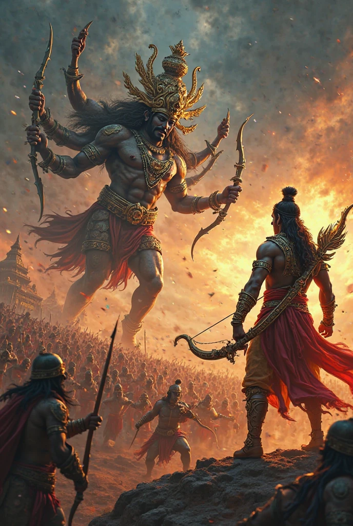 Rama Avatar: An epic scene of Lord Rama, a prince with a serene and noble demeanor, standing in a battlefield. He is shown with his bow drawn, aiming at the demon king Ravana, who is depicted with multiple heads and arms, in a chariot. The background is a war-torn landscape with fallen warriors and a dramatic sky.