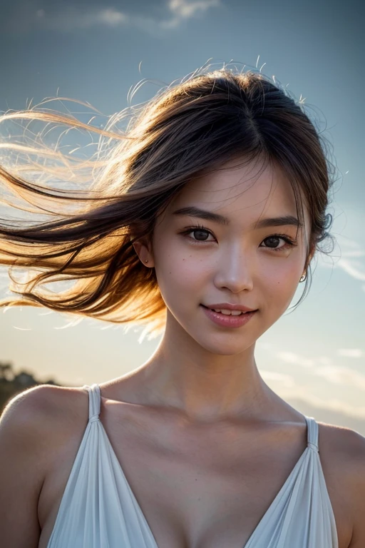 femele, Solo, Upper body, plain silk dress, florals畑, florals, Wind blowing through, Flowing hair ,Dynamic Angle, (floating colorful sparkles:1.1) , Elegant, Ultra-detailed face, Detailed eyes, Shiny skin, Lustrous lips ,(Official art, Unity 8k壁纸, ultra-detailliert, Beautiful and aesthetic, masutepiece ,Best Quality:1.Phototriaritic:1.3),Natural smile