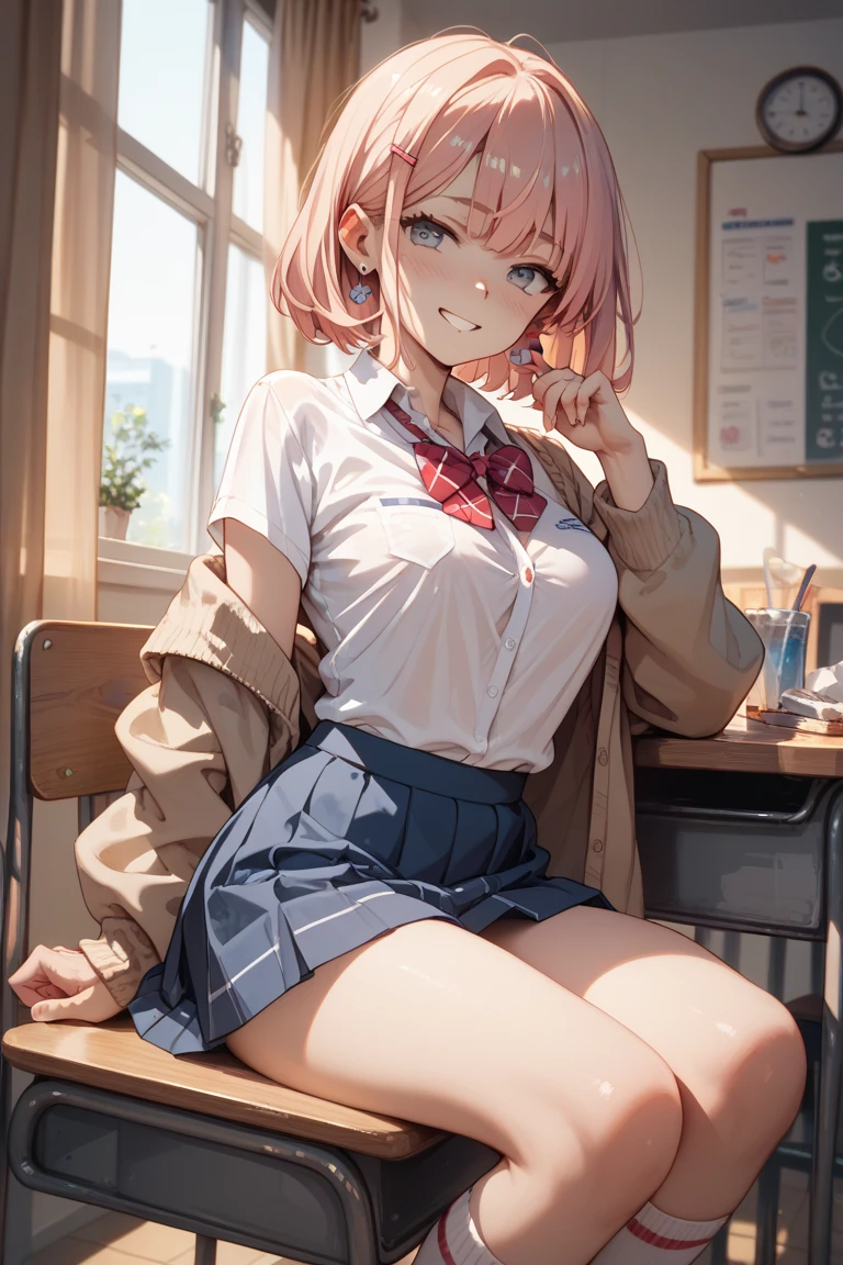 masterpiece,best quality,ultra-detailed,high resolution,beautiful detailed eyes,(((pov))),1girl,(short hair:1.1),pink hair,(Side Braids:0.95),(hairs between eyes:1.3),shaggy hair,Indigo eye,(gigantic breasts1.3),{school uniform, cardigan,school knee high socks},class room, arm up,Cheerful