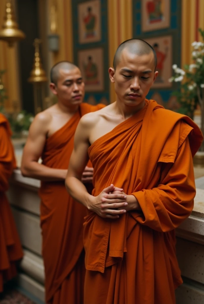 Monks from Thailand are meditating.