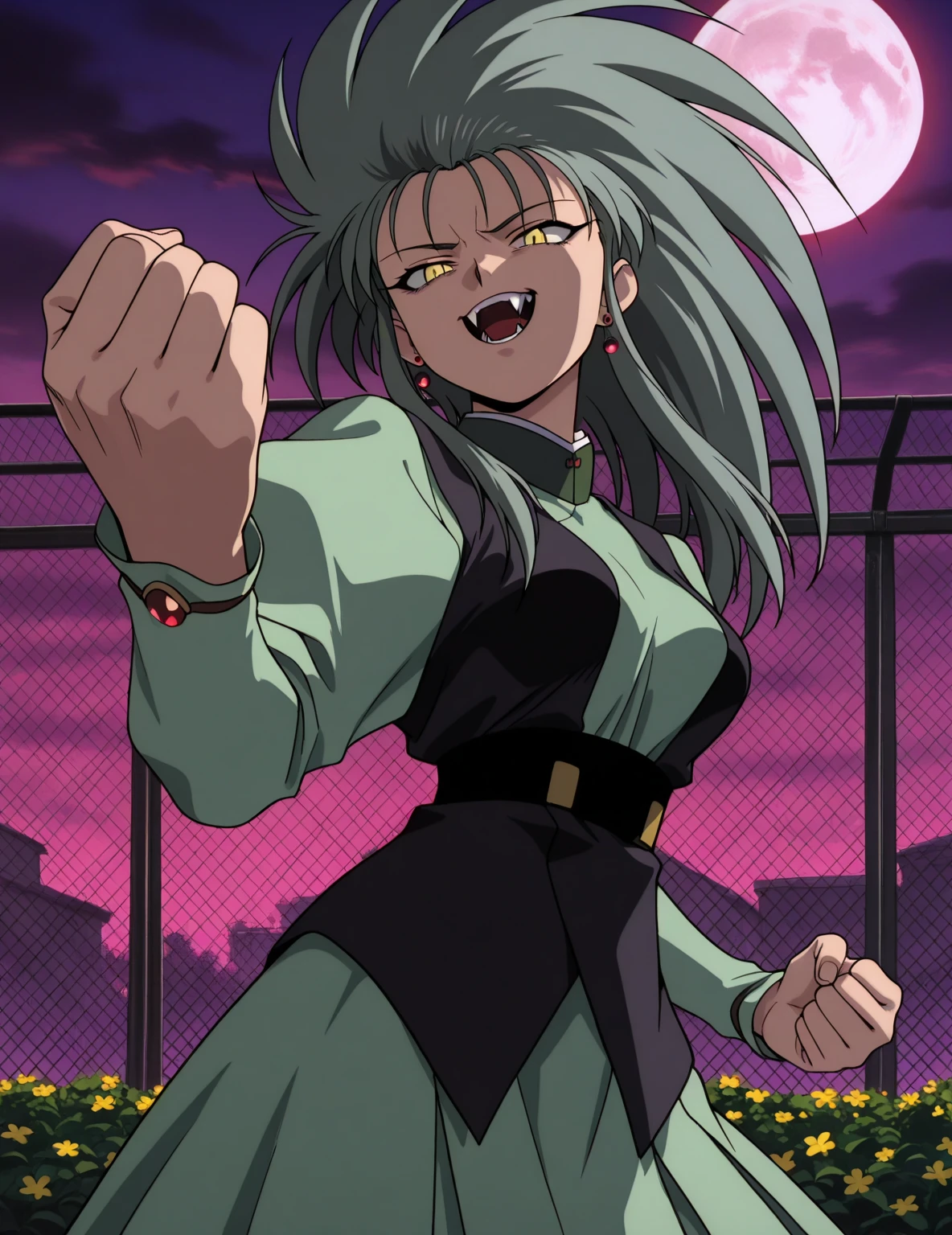 <lora:Kefla:0.7>, 1girl, solo, masterpiece, best quality, Kefla, (black hair), black eyes, toned, green earrings, black bodysuit, hero costume, white cape, hands on hips, smug, looking at viewer, city, night, standing on edge of rooftop, urban