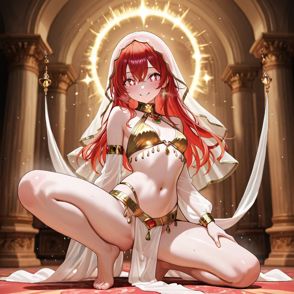 Indian mythology、goddes、She wears golden ornaments all over her body、Naked except for accessories、large full breasts、Constricted hips、The body is wet with sweat、full bodyesbian、Three arms on each side、The face is in front and on the left and right,、Brown skin、There is a third eye、red hairs