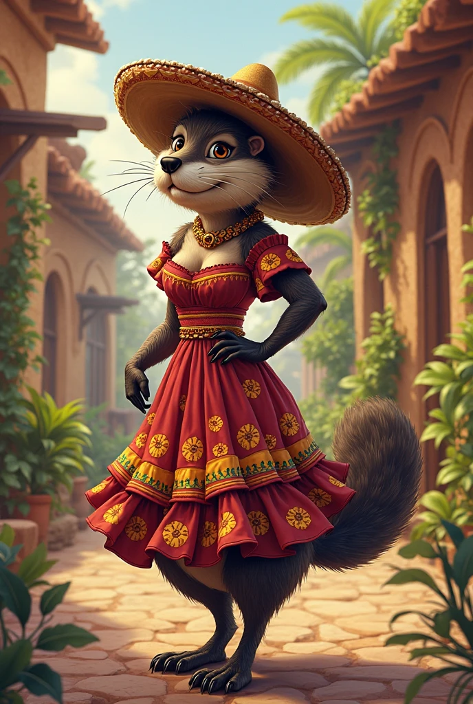 An anthropomorphic brown female chipmunk with black hair to the ground in a crimson floor-length tunic with a brown belt and no sleeves. She carries on her head a golden plate with glasses of red and white wine., with grapes, bananas, coconuts and peaches. The background is dark brown.