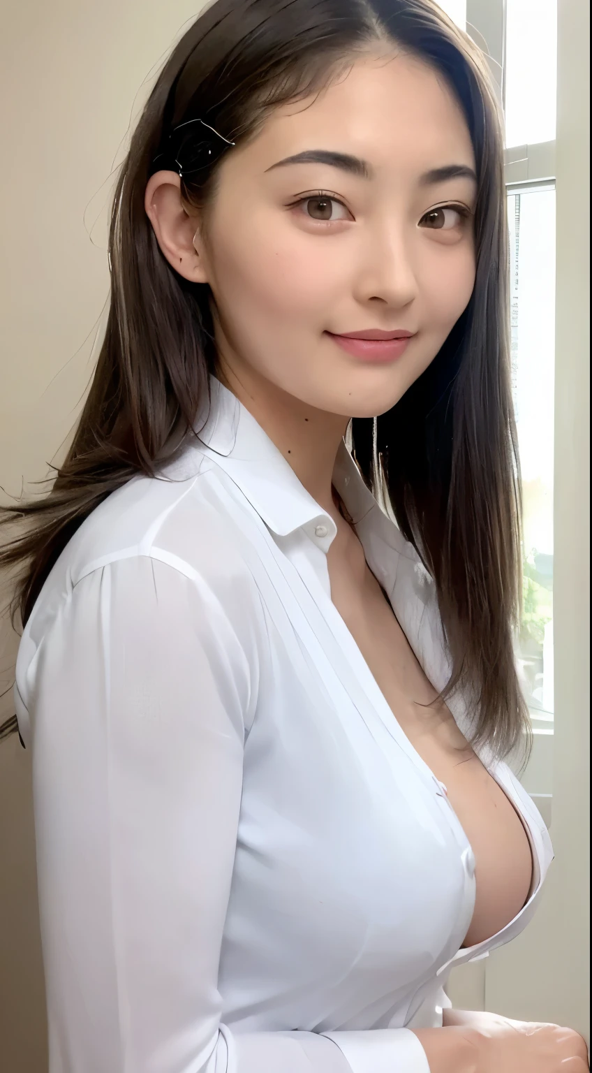 ((highest quality, 8k, masterpiece: 1.3)), sharp: 1.2, perfect body beauty: 1.4, slim abs: 1.2, ((layered hairstyles, big breasts: 1.2)), (濡れた White Button Long Shirt: 1.1), (nude: 1.2), close your face: 1.5, Highly detailed face and skin texture, fine eyes, double eyelid, View of the camera from the side