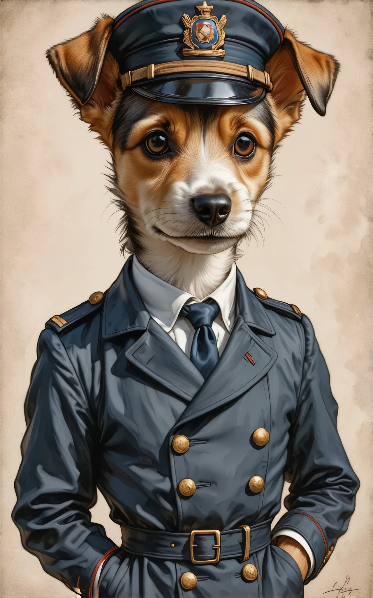 2-D art, cartoon style, old-school Disney, hand drawing, (best quality, masterpiece:1.2), side view, anthropomorphic, a Fox Terrier dog with short hair, wearing english police uniform, police inspector, 1890s style background, noire, simple lines, looking to camera, serteuse look, big expressive eyes, (natural textile texture, soft light, sharp:1.2), (intricate details:1.1), bokeh
