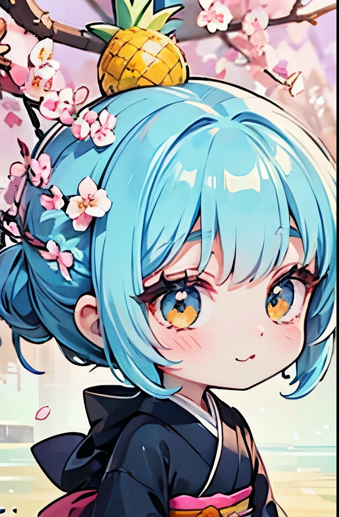 (Chibi Characters、新鮮な pineapple 、 pineapple の模様、美しい pineapple :1.3)、Best angle、Maximum Impact、Maxism、Vivid contrast、high resolution、super detail、absurd、accurate focus、(Chibi Body、Light Blue Hair Color、Short chignon hair、 sharp face、almond-shaped eyes、highly detailed eyes、golden eyes、:3、stupid hair:1.4)、Carefully drawn fingers先、Human hand、Carefully drawn fingers、Shiny Skin、thin、thin太もも、head from the side、thin脚、(Charming kimono:1.5)、Amazing Scenes、Gallery worthy、very small breasts、forward leaning posture、 pineapple 、Cherry Blossom Park Location、Cherry Blossom Viewing、playful little sister、Eye catching 、selfie style、Underwear I saw by chance