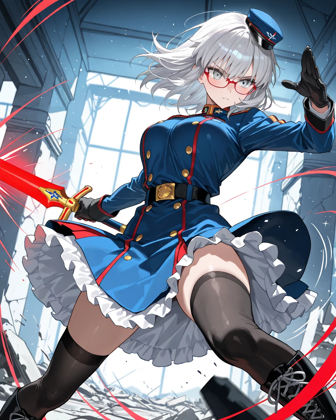 best detailed, Highly detailed,Beautiful body,Beautiful Nose,perfect eyes,perfect face,ultra highres,beautiful legs,Perfect hands,Masterpiece,illustration,,perfect anatomy,street fighter,doll suit,shadaloo doll,dollsuit,expressionless,empty eyes,blank eyes,red gloves,boots,emotionless,black latex,corruption,mind control,female combatant,hypnotized,unhappy trance,full body suit,obey,extremely glossy latex,hypnosis,hypnoLora,Slave,necktie,yellow tie,military,dark persona,(((kneeling, one knee))),(((pixel-perfect, detail-perfect))),solo,(roze),1girl,silver hair, long hair, twintails, hair between eyes, red eyes, black cap, twin black muffler,black scarf,((dark pantyhose)),(((sword))),city background, night sky