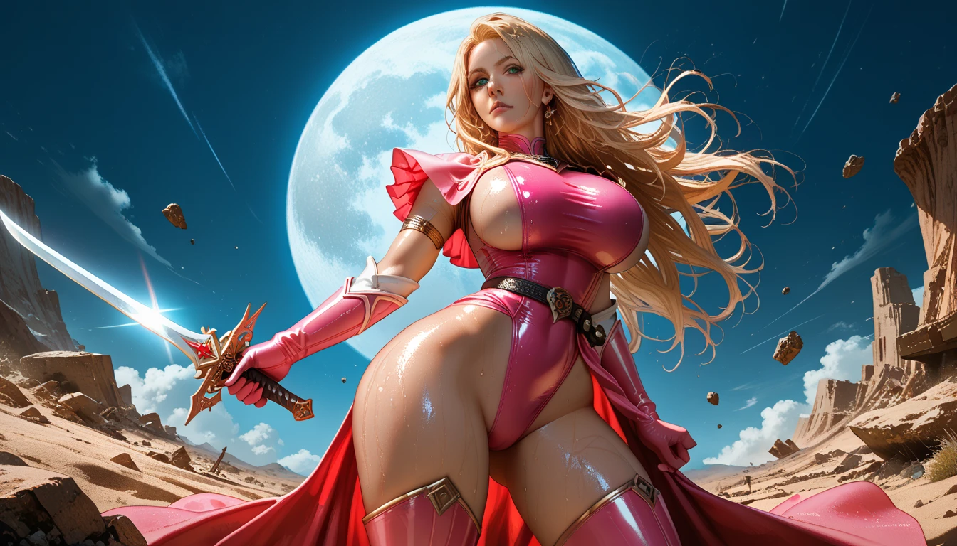 2girls, Superheroes, Blonde large breasts, Redhead large breasts, Gothic, White outfit, Large sword on one's back.