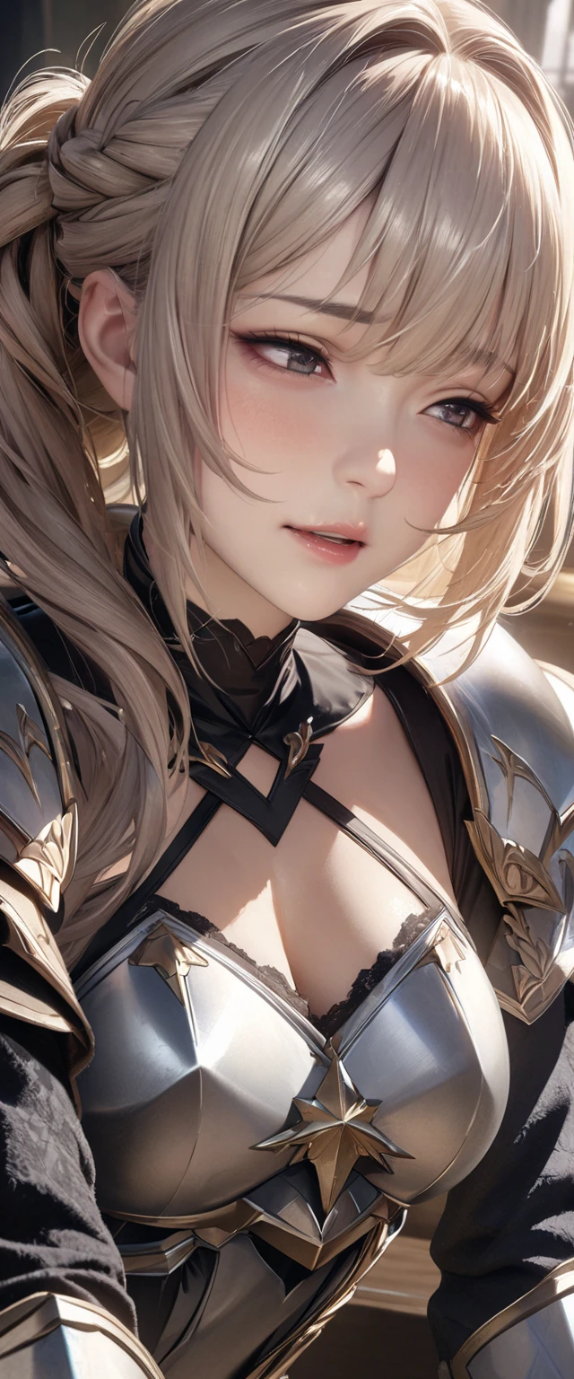 (Random Fighting Pose:1.2),Extreme close-up,Cinematic scene,Fantasy Art,Highest image quality,portrait of ultra realistic,(8K),Ultra-realistic,Best Quality,High quality,High Definition,high quality texture,high detailing,Beautiful detailed,fine detailed,extremely details CG,Detailed texture,realistic representation of face,masutepiece,presence,Dynamic,Bold,1gir,Ultra detailed skin,Curve,Petite,Beautiful breasts,Large breasts,pale skin,pointed breast,Erect nipples,Short hair,(super thin hair),(ultra soft hair),(ultra straight hair),Swept long bangs,very light coppery amber hair,Hair over one eye,White armor