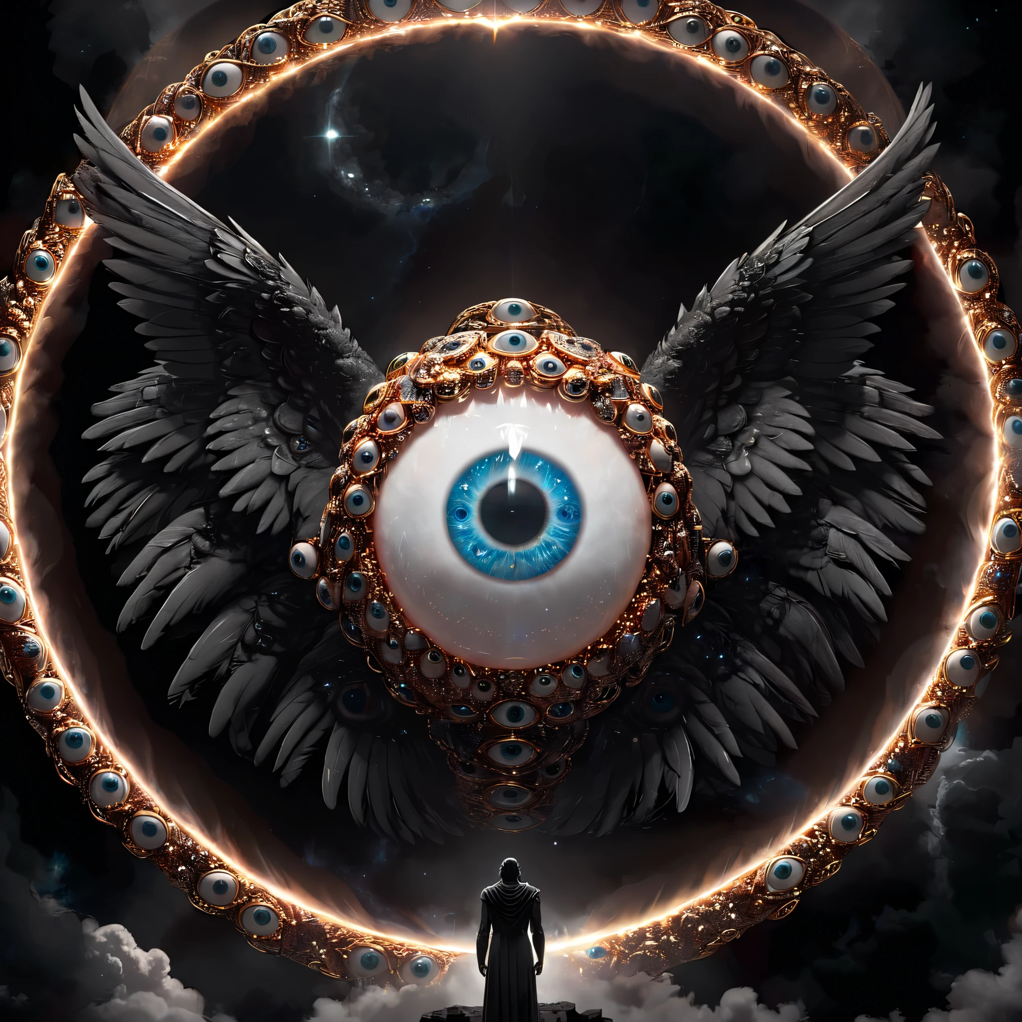 seraphins, mystical creature with hundreds of eyes and wings, with the shape of a giant ring, circular hoops around body, massive size, angelical lights 