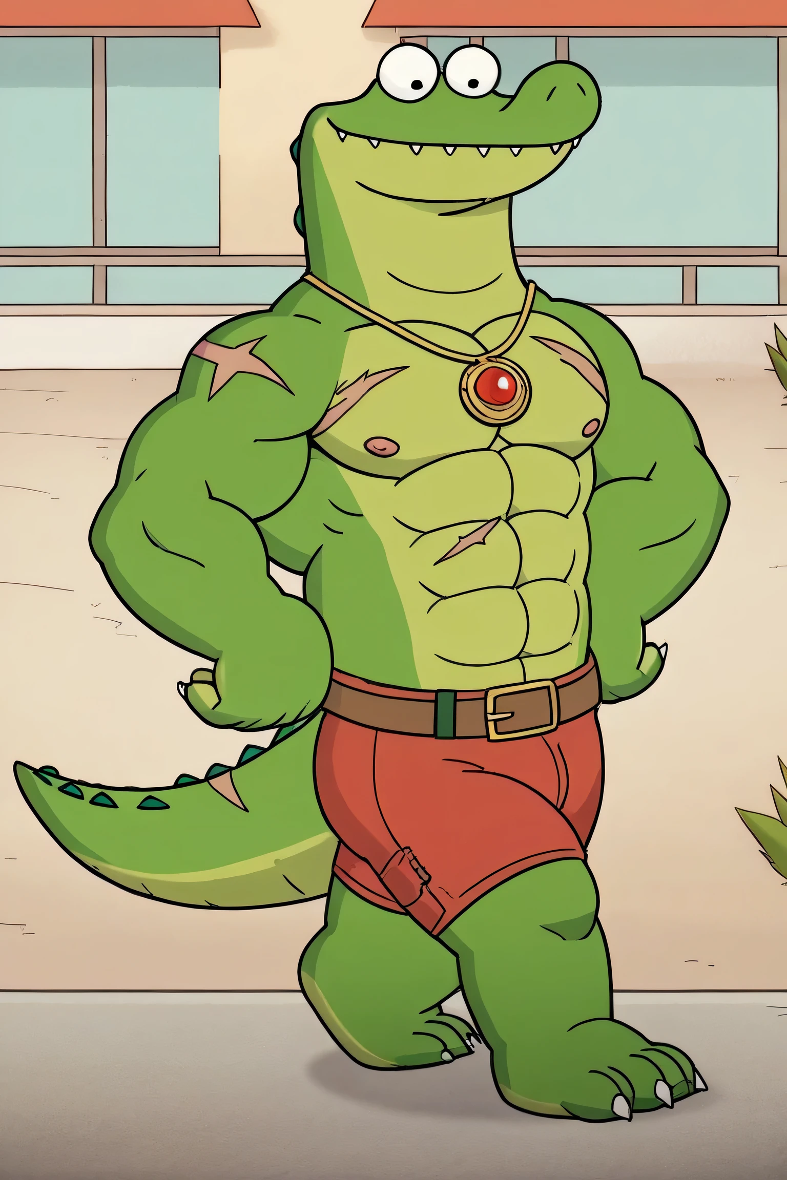 A Giant Max the crocodile, furry, (anthro), male, black eyes, muscular body,(adult), full body, big feets, long legs, wearing red underpants, brown belt, gold necklace, long tail, standing, smile, sharp teeths, sharp claws, scars on his body and his eye, ginomous biceps, enormous pectorals, veins, solo, 1 boy, saturaded colors, giant size, macro size, 50 foot size, village and castle background, fairytale fantasy scene.