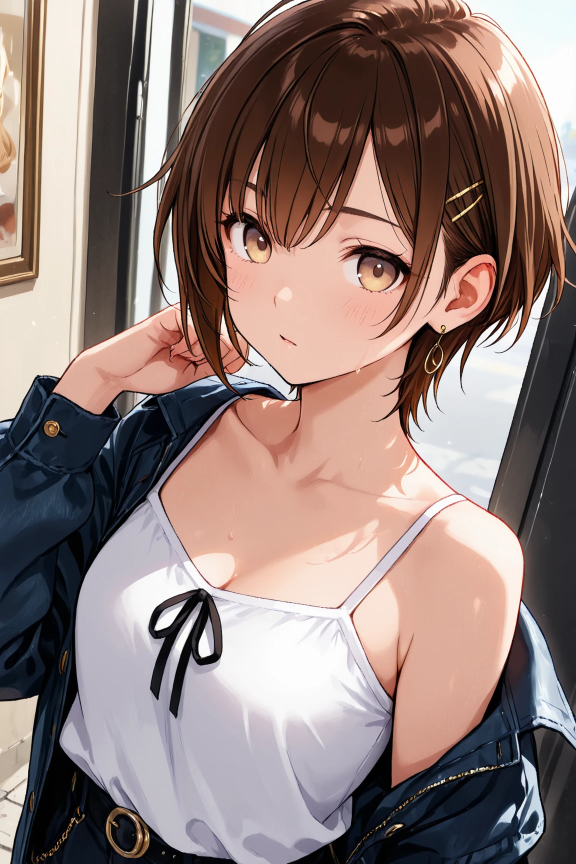 (best quality, masterpiece:1.2), absurdres absolutely resolution, highres, 1 woman, BREAK, (navy blue Short bobbed hair:1.1), brown eyes, normal size breasts, BREAK, 1girl, breasts, solo, cleavage, looking at viewer, normal breasts, smile, crop top, earrings, parted lips, midriff, jewelry, lips, navel, tank top, white tank top, bare shoulders, sitting, bangs, leaning forward, collarbone, arm up, pussy