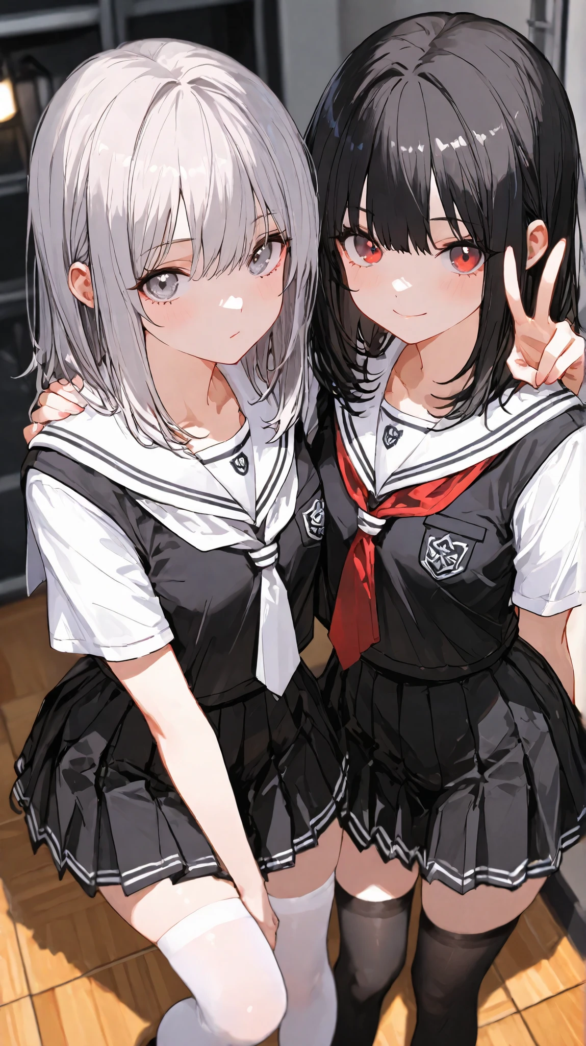 2girls,(BRAKE the first girl: medium hair, silver hair,red eyes,peace,white school uniform,white thigh high),(BRAKE the second girl: long hair,black hair,silver eyes,black school uniform,black thigh high),(EyesHD:1.2), masterpiece, best quality, ultra-detailed, very aesthetic, sharp focus, depth of field, vibrant colors, ray tracing, best lighting, detailed illustration, detailed background, cinematic,look at viewer, from above, to put your arm over their shoulder