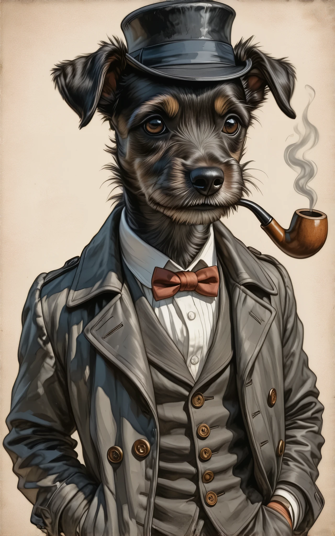 2-D art, cartoon style, old-school Disney, hand drawing, (best quality, masterpiece:1.2), side view, anthropomorphic, a tall black Terrier dog with short hair wearing english cap & long cloak, detective, with smoking pipe, 1890s style background, noire, simple lines, looking to camera, serteuse look, big expressive eyes, (natural textile texture, soft light, sharp:1.2), (intricate details:1.1), bokeh