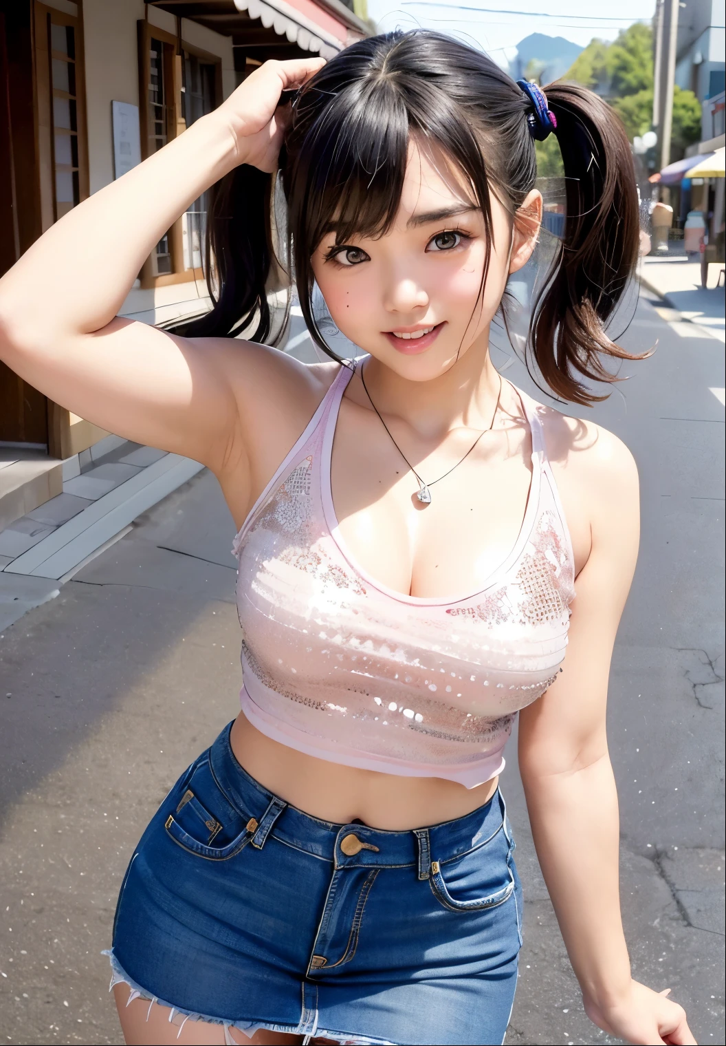 (highest quality,masterpiece:1.3,ultra high resolution),(Super detailed、caustics) (Photoreal:1.4, RAW shooting、)ultra-realistic capture、very detailed、natural skin texture、masterpiece、(The upper body is a tank top with a large opening at the chest、Lower body short jeans、high socks:1.3)、Shining Breasts、transparent nipples、1 Japanese girl、adorable expression、expression of happiness、14 years old、young face、surprisingly cute、twin tails、curly hair、black hair、Scrunchie、light makeup、Big breasts that are about to burst、sexy pose、Photo taken in front of Shibuya Station、Shining thighs、summer sunshine、smile、inviting gaze、