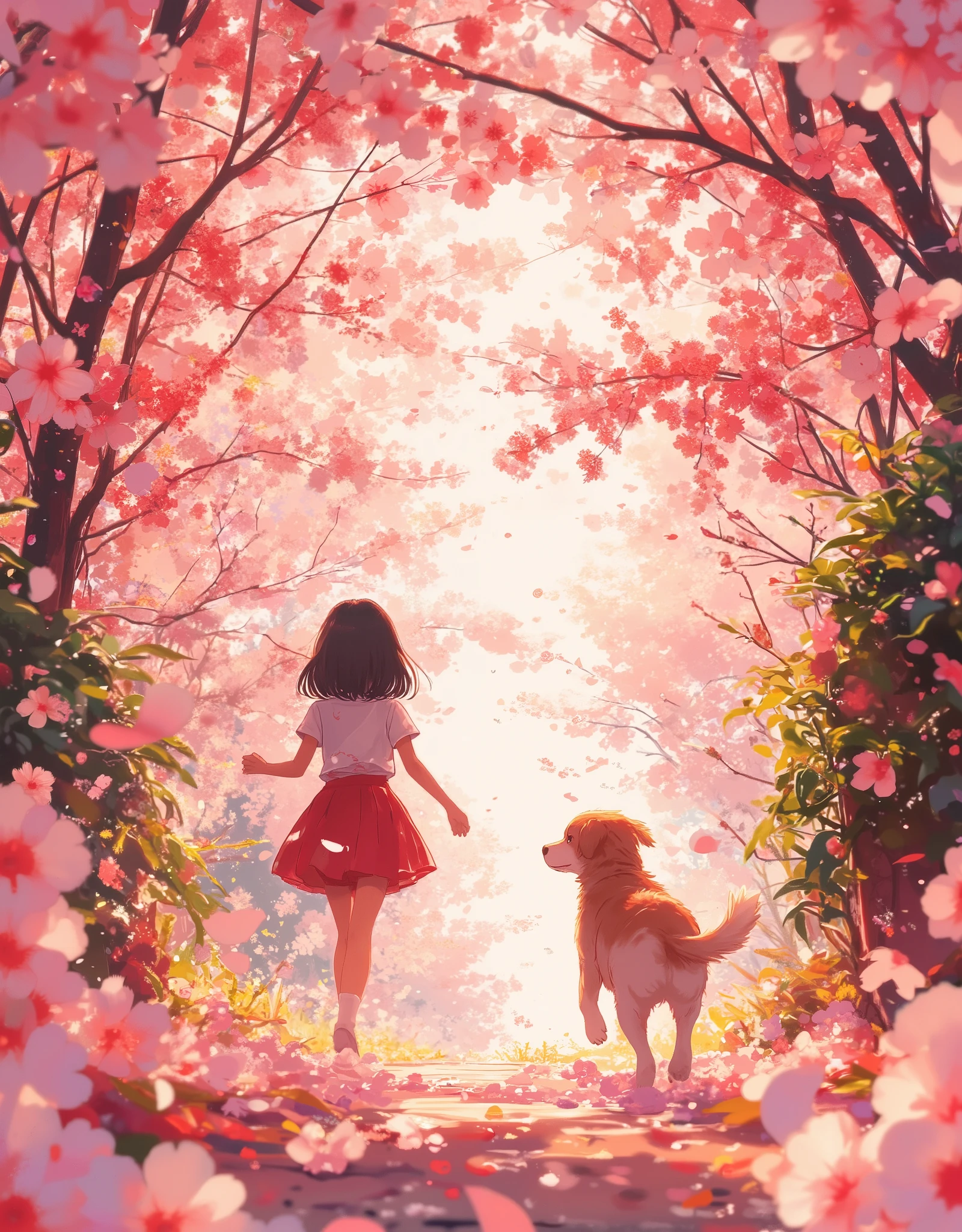 masterpiece,wallpaper,8k,16k,Super Detail,Anime-style illustration of a girl and dog running through a cherry blossom tunnel,An anime-style illustration of a girl running through a cherry blossom tunnel {x} A warm pink glow through the path drops,A gentle breeze blows and countless cherry blossom blizzards dance fantastically,(shot from behind:2.0),High angle,background is slightly blurred,Cinematic and nostalgic,captures a moment of spring full of energy