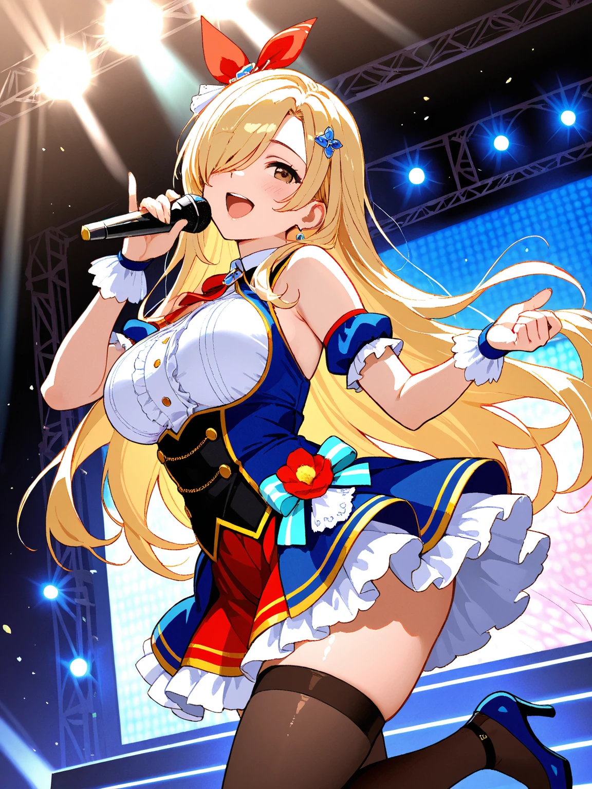 19 years old pop idol girl with a magcal girl theme, long blond hair, red eyes, her outfit consists of a belly free top tha shows just a glimbs of cleavage and a frilly skirt as well as heels and thigh high socks all in the same magical girl theme and collor sheme, she is performing on stage (high quality, master piece, 4k)