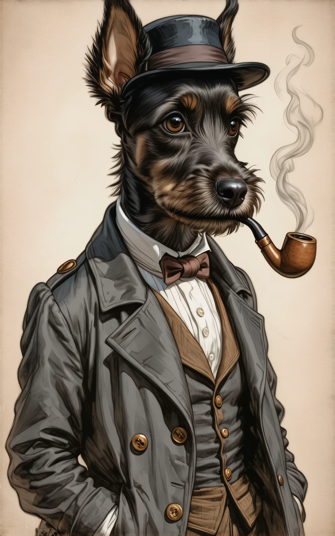 2-D art, cartoon style, old-school Disney, hand drawing, (best quality, masterpiece:1.2), side view, anthropomorphic, a tall black Terrier dog with short hair wearing english cap & long cloak, detective, with smoking pipe, 1890s style background, noire, simple lines, looking to camera, serteuse look, big expressive eyes, (natural textile texture, soft light, sharp:1.2), (intricate details:1.1), bokeh