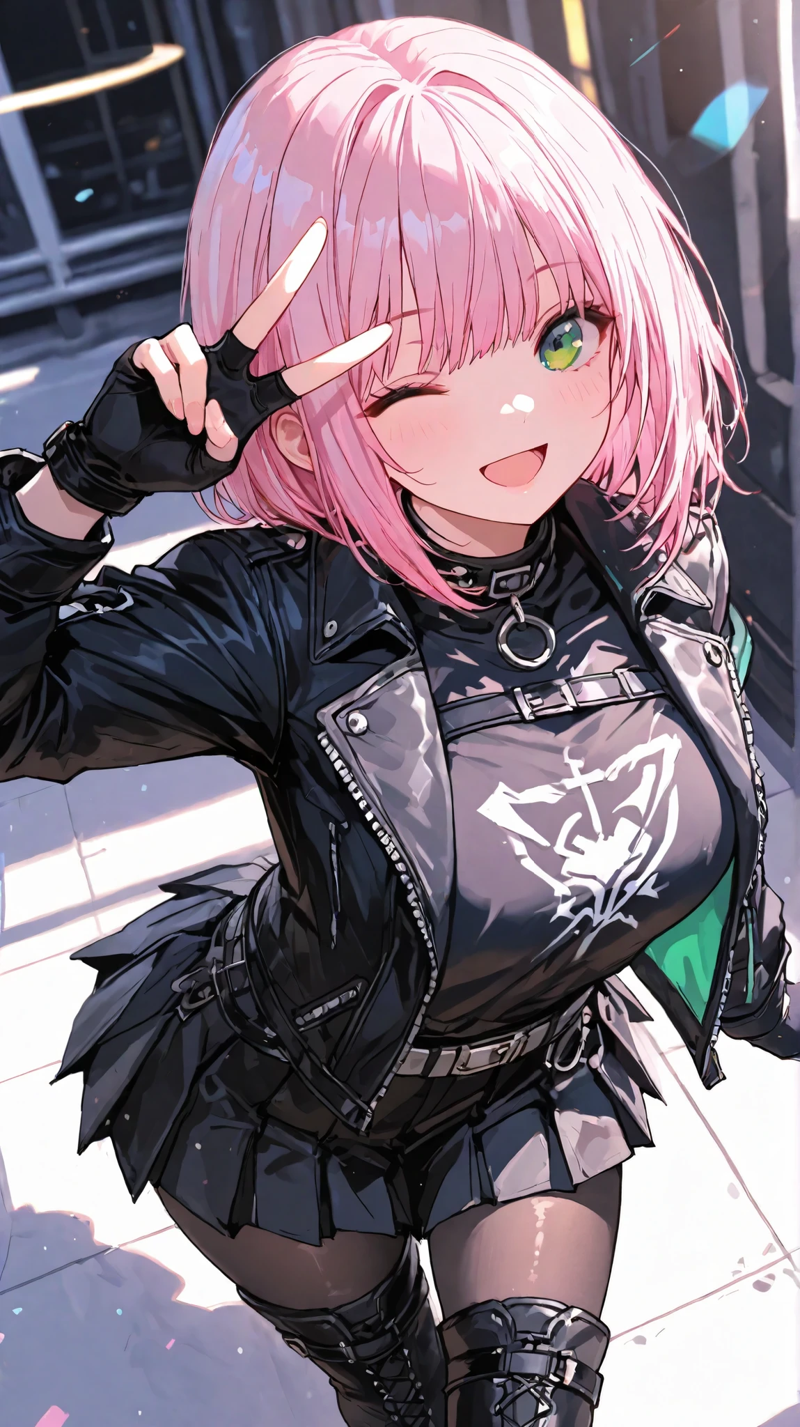 1 girl, skirt, solo,bob hair,pink hair,green eyes,pleated skirt, , black shirt,jacket, miniskirt, shirt, long sleeves,  belt, black skirt,black jacket,thigh  boots,black tights,smile , open mouth,gloves ,fingerless gloves,wink,peace, from above, looking at viewer,  (EyesHD:1.2), masterpiece, best quality, ultra-detailed, very aesthetic, sharp focus, depth of field, vibrant colors, ray tracing, best lighting, detailed illustration, detailed background, cinematic,