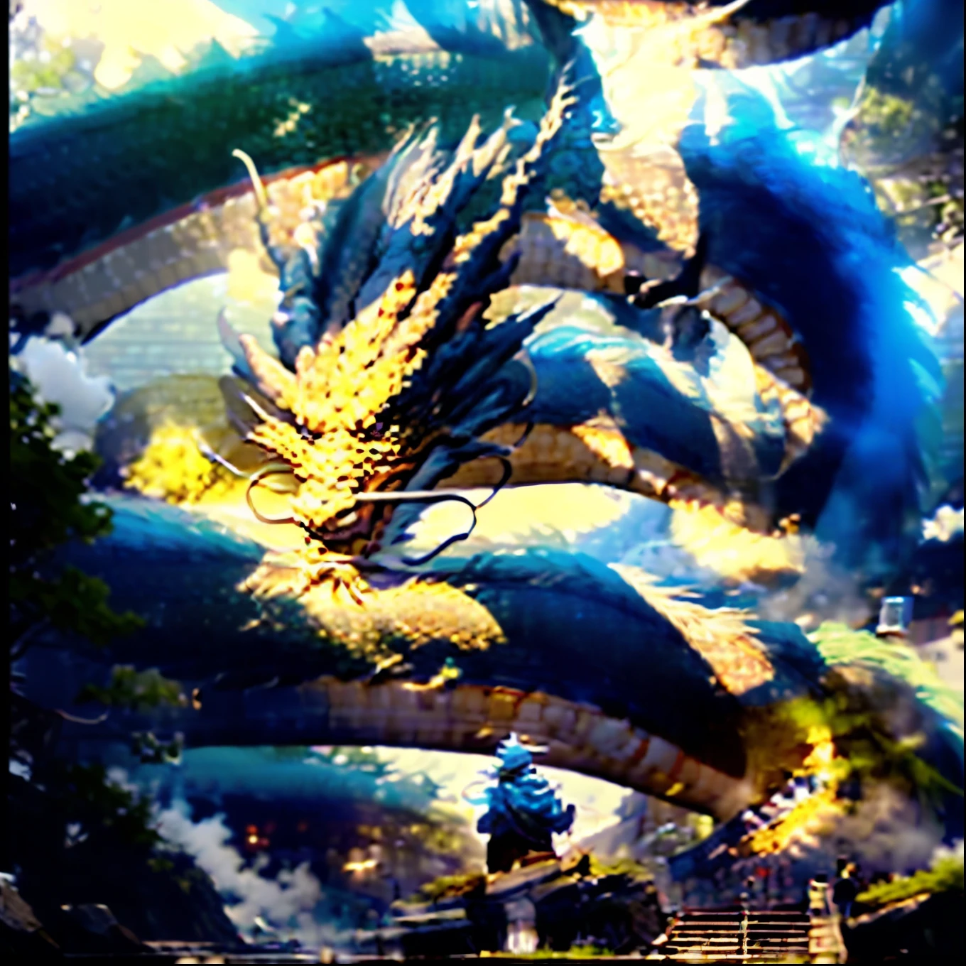 A handsome boy riding on a huge black chinese dragon.
Who flies over black rocks .
A breathtaking scene of a handsome boy with long, flowing silver-white hair, dressed in elegant black garments, sitting majestically on the top back of a colossal Chinese dragon. The dragon's scales shimmer with an ethereal iridescence that complements the boy's hair, giving the creature an otherworldly aura. The boy's attire consists of a form-fitting tunic adorned with intricate gold embroidery, symbolizing power and royalty, with matching loose trousers that allow for ease of movement. His eyes, a piercing shade of blue, are filled with wisdom beyond his years as he looks out into the vast, cloud-speckled sky. The dragon beneath him is a masterpiece of mythical beauty, its body stretching over a hundred feet long, with wings unfurled to reveal an impressive wingspan. Each wing is tipped with gold, and its fiery red underbelly contrasts starkly with the inky blackness of its scales. As they ascend, the dragon's emerald eyes sparkle with intelligence and loyalty to the boy who commands its flight. The boy's hand is gently placed on the dragon's neck, guiding the creature through the air with an unspoken bond. The serene expression on his face suggests a profound sense of unity with the beast, as if they are one entity. The background is a blend of ancient Chinese architecture with floating palaces and temples nestled among the clouds, adding a touch of fantasy to the already awe-inspiring scene. The overall composition is framed by swirling mists, giving the image a mysterious and enchanting atmosphere that transcends time and space.  THAE BOY IS SITTING ON DRAGON'S BACK AND RIDING IT! RIDING ON DRAGON'S BACK!!!  He is holding dragon's horns