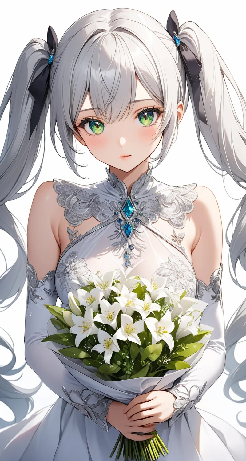 Masterpiece, best quality, from above, 1girl, solo, beautiful face and eyes, withe wedding dress, withe background, upper body, looking at viewers, withe flowers, illustration