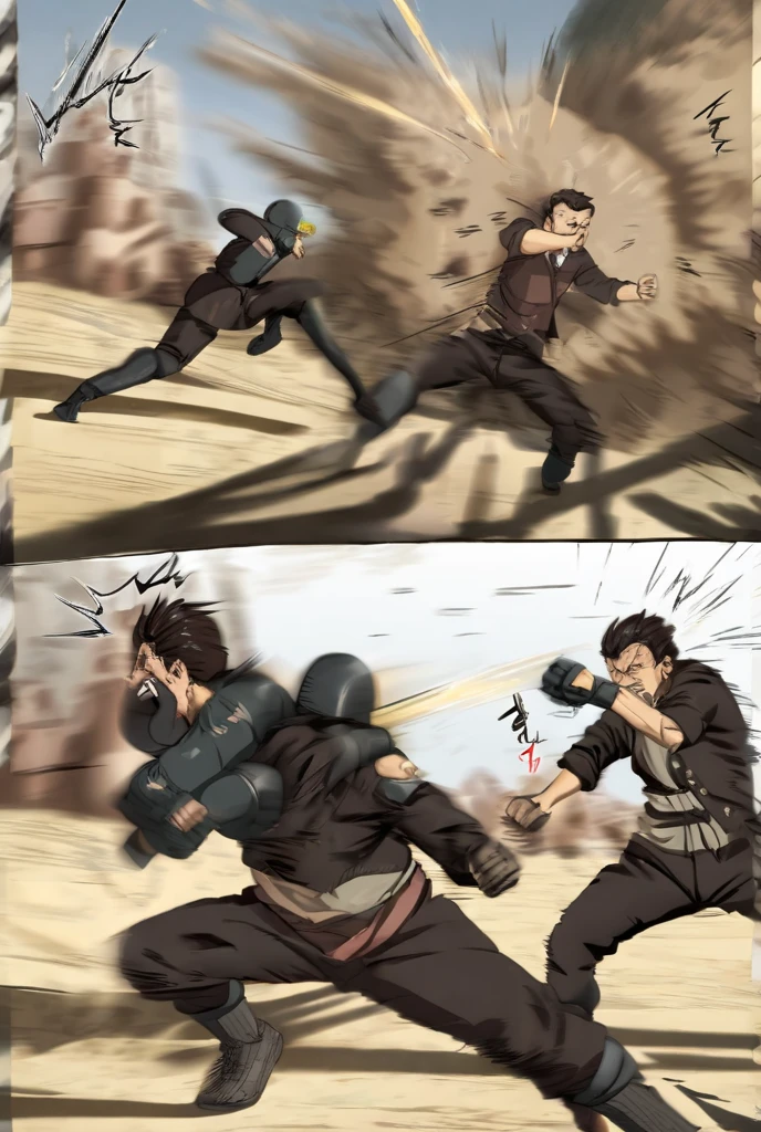a young man with blue and black hair and wearing a black hoodie is emitting dark blue aura as he is holding a knife in front of a orc action poses. Manhwa style.