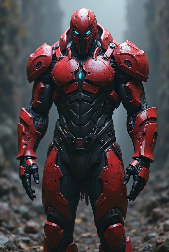 A full body front view of the male warrior with a large well-built powerful body type, dressed in striking and imposing red and black armor adorned with LED head-mounted spotlight that casts a bright yellow beam of light. The piercing red and orange eyes behind the red transparent glass face shield built into the helmet stand out against the cyberpunk cyber city backdrop, radiating intensity. his right hand firmly grips a gun, while the blurred background creates a dramatic contrast to his bold attire.