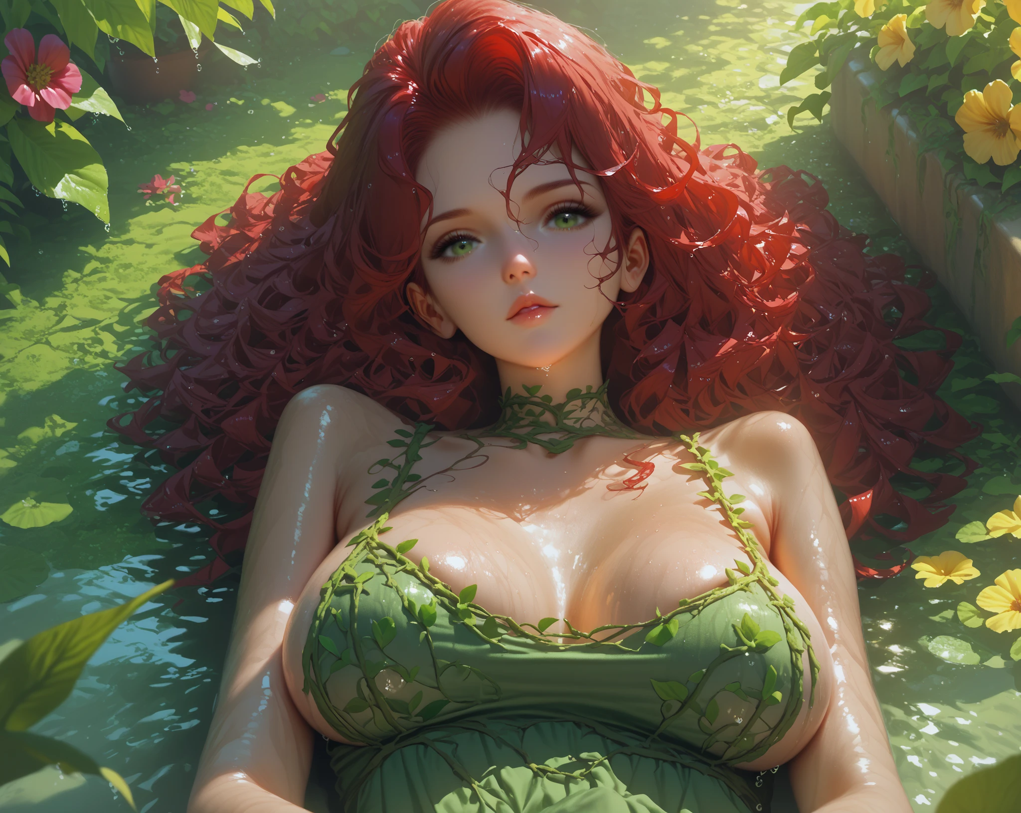 curvy girl ,busty , aryan traits, Whole body, average height, Long hair, fine and elegant face youthful appearance nsfw, green and tropical landscape, HD image, make-up, voluminous lips big and expressive eyes