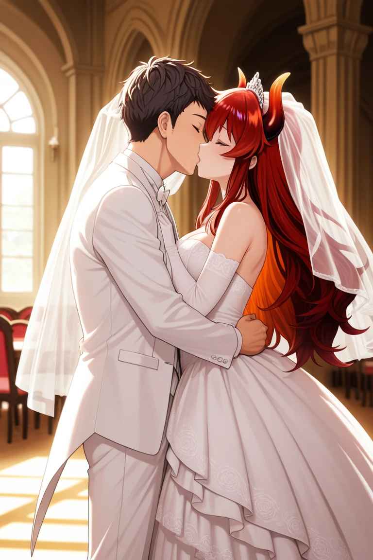 ((Highest quality)), ((masterpiece)), (detailed), （Perfect Face）、The woman is Maya Cordelia, the Demon King's bride, with orange, semi-long hair. She is adorned in a luxurious black mermaid-line wedding dress with lavish gold embroidery and edging, along with a black wedding veil and extravagant accessories.、The woman, a devil, embraces the wicked demon king man, shares a vowing kiss, and holds a wedding ceremony.、The woman became the wife of the demon king, becoming the demon queen and becoming the demon king's companion for life.