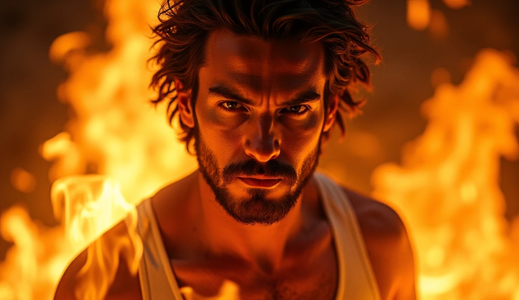 In a bold, high-contrast shot, a striking figure stands out against a fiery orange backdrop, his chiseled physique on full display as he confidently strikes a pose. No clothes and underwear accentuates his rugged build, while vibrant locks tumble down his forehead, framing piercing blue eyes that sparkle with mischief. The dynamic energy radiate from this captivating tableau, drawing the viewer in as the subject's gaze meets theirs. Open legs, lyed on a bed , nudity