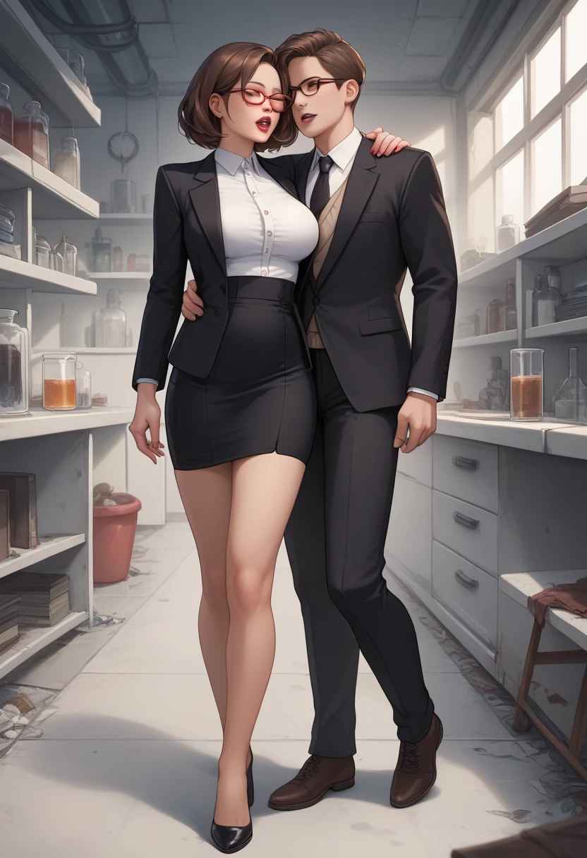 Full body image of two characters, standing, a woman, with a black maid outfit with a black skirt and white tights with clasps on the skirt wearing a maid headdress, extremely sexy, exaggeratedly large breasts and exhibitioniata with tight clothing on the body, a very tall man with wrinkled skin and a long white beard with a black and taped suit, he is holding her from behind tightly by the waist,((she has black hair and blue eyes)), he has his hand on the wall, they are in the entrance from the bathroom you can see the shower open with hot water and steam coming out of the door, they are looking at the viewer, she is smiling, he is angr, anime, Realism, UHD, 16k, masterpiece, high details, best quality, anatomically correct, 16k, best quality, high details, masterpiece, UHD