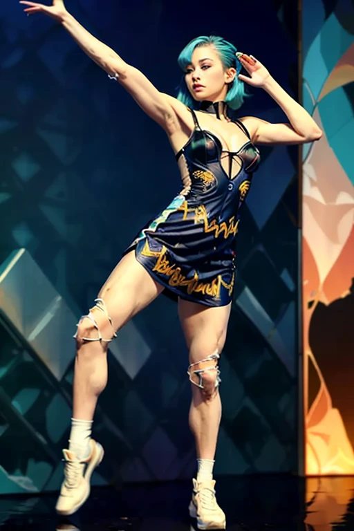Bikini and high heels　Blue Hair　Standing on stage