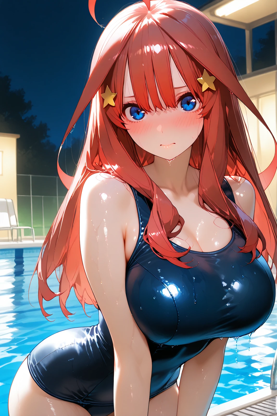 pieces fly、masterpiece、highest quality、Super detailed、High resolution、High resolution、8K portrait、High resolution CG of Unity 8k wallpaper、unity 8k wallpaper、cute:1.5、slender body:1.5、Highly detailed CG unity 8k wallpaper、realistic、real person、cute、 portrait photography、shiny skin、slender body、High resolution、(Vermillion semi-long hair:1.2)、(:1.2)、(1 girl)、(school poolside:1.6)、perfect face, seriously, (blush:1.5),(midium breasts:0.8),(navy blue school swimsuit:1.2),(tits topless:1.3),((Orgasm in the vagina:1.5)),(star hair ornament:1.2),(looking at viewer: 1.2),(angle from the front:1.2),((leaning forward hand on head:1.2))