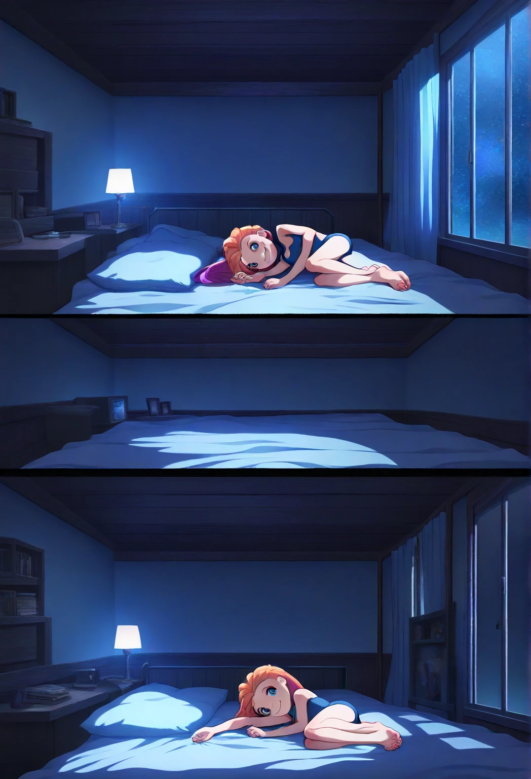 Highest quality、Ultra-high resolution、Fantasy、roleplaying game、The first is a small, naked Hobbit girl with no clothes on, looking embarrassed.、There is a transparent balance ball between the legs.、In the bedroom、night、Pushing your hips forward、Under-rim glasses