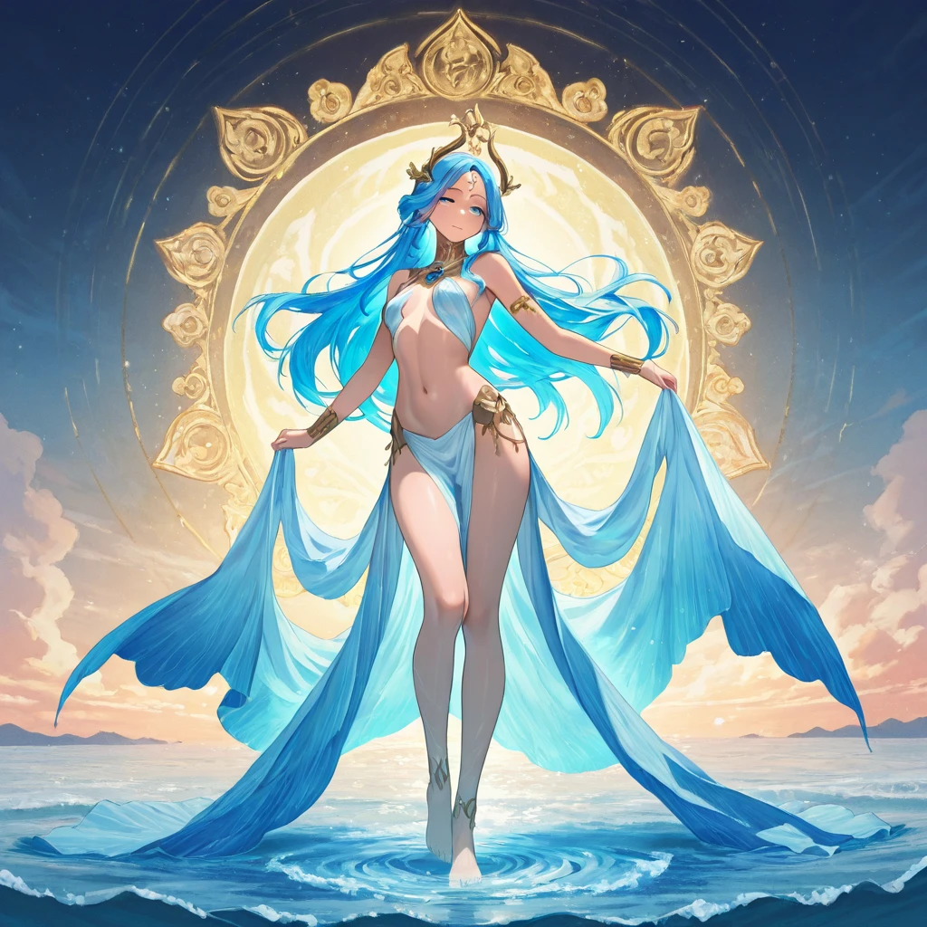 ((best quality)), ((masterpiece)), ((realistic)), portrait 1girl, celestial, deity, goddess, light particles, halo, looking at viewer,Resolute eyes bare shoulders, (bioluminescent:0.95) ocean, bioluminescent, goddess gown, vibrant, colourful, color, (glowing, glow), (beautiful composition), cinematic lighting, intricate, (symmetrical:0.5), whimsical,