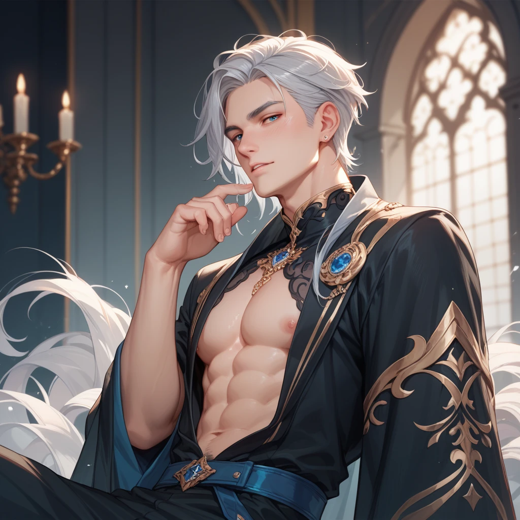 absurdres, highres, ultra detailed, HDR, master piece, best quality, perfect face, Neuvillette, white hair, expressive blue eyes, Genshin Impact, solo, sexy man, handsome, toned chest, sensual, erotic, black clothes, lying on a bed surrounded by red roses, red petals flying around the room, a luxurious room with red walls
