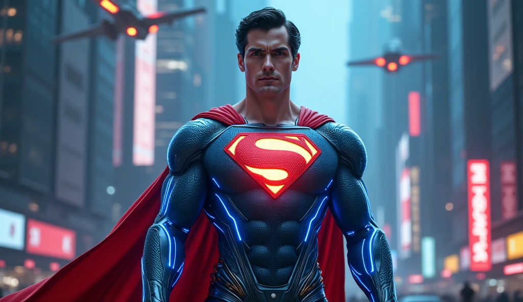 super man glossy black suit in with glowing lights cyberpunk futuristic costume cenematic background